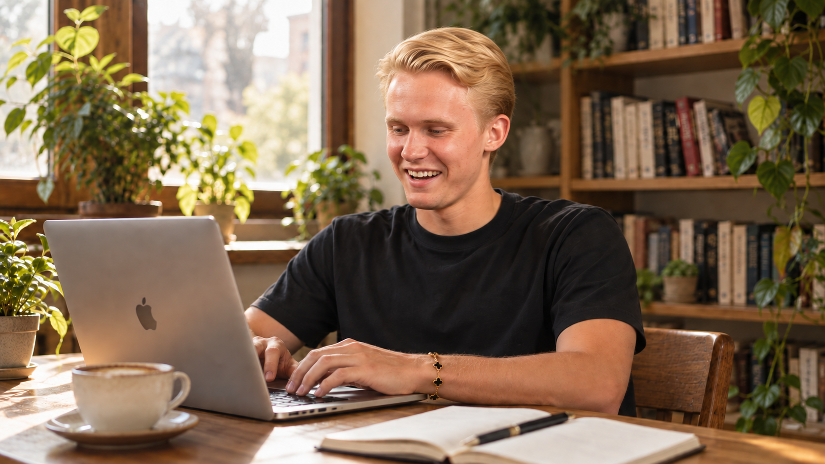 Leo building content with his AI Creator OS on a laptop