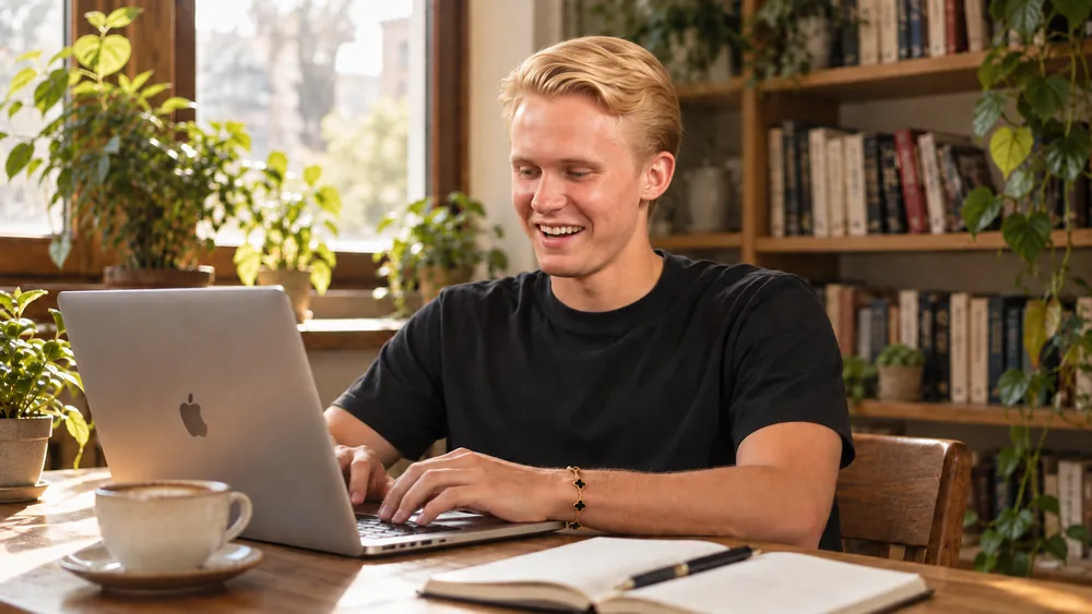 Leo building content with his AI Creator OS on a laptop