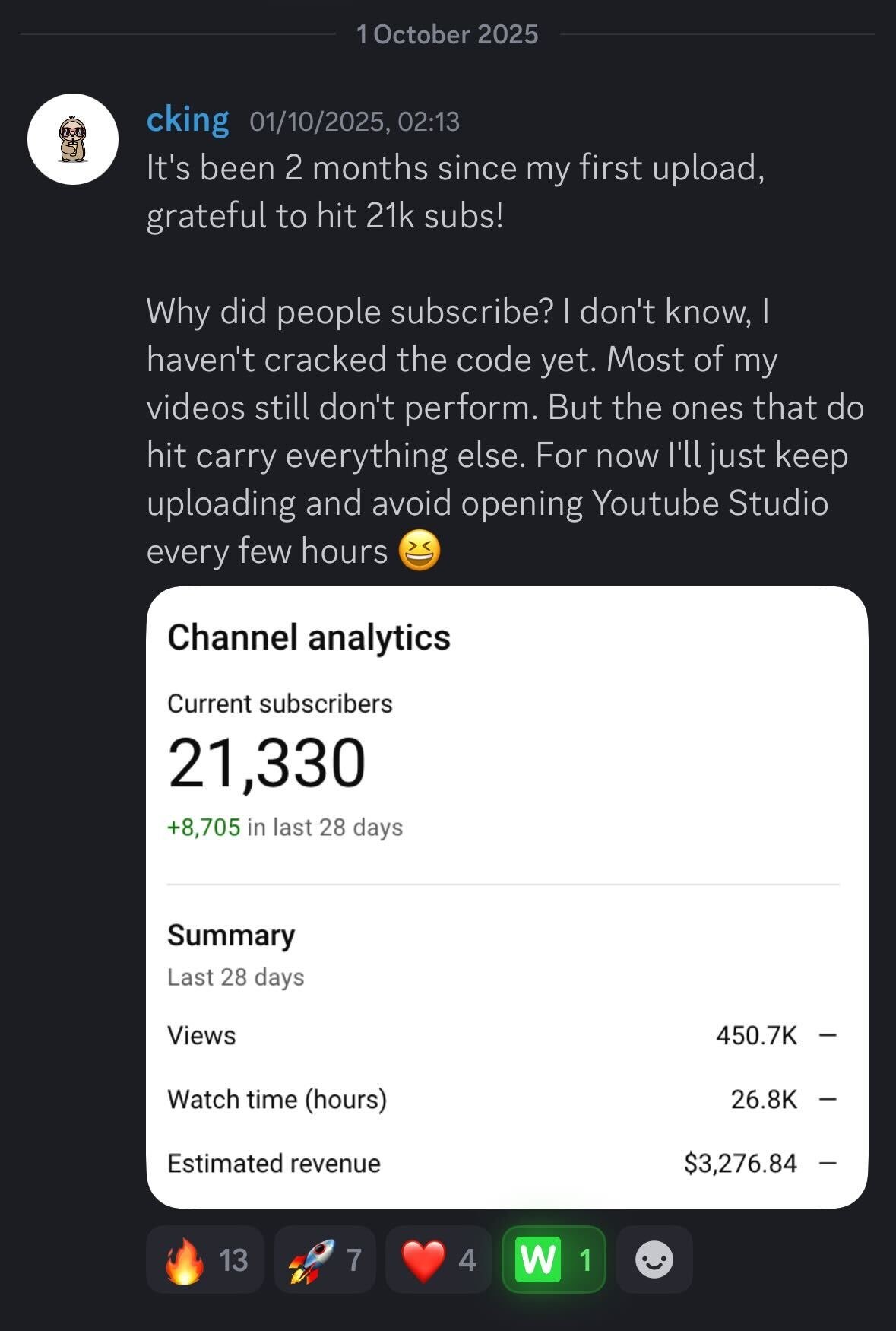 Student result: $3,276 and 21K subs in 2 months