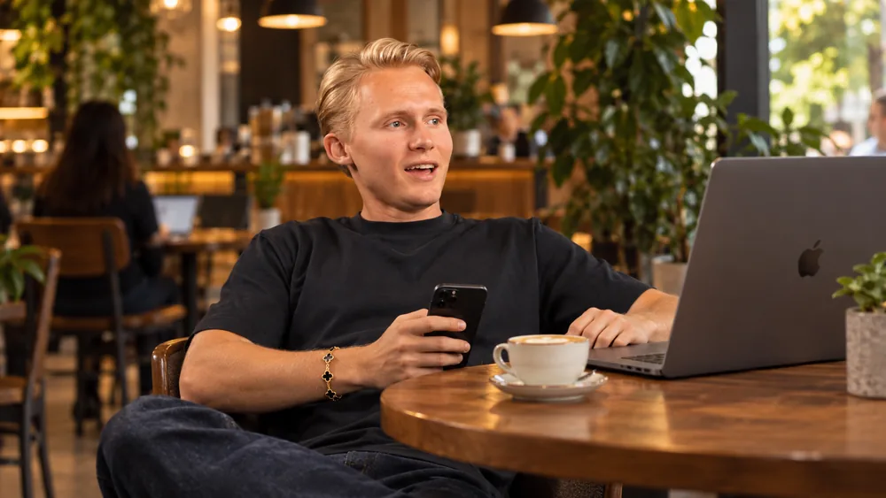 Leo reviewing channel growth and sales on his phone